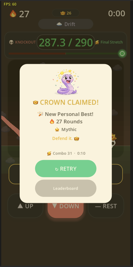 Crown claimed screen with a new personal best of 27 rounds