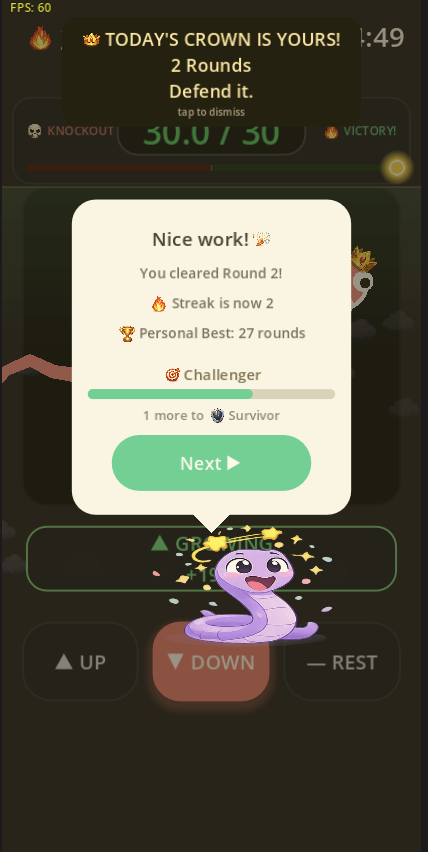 Round cleared screen showing a growing streak