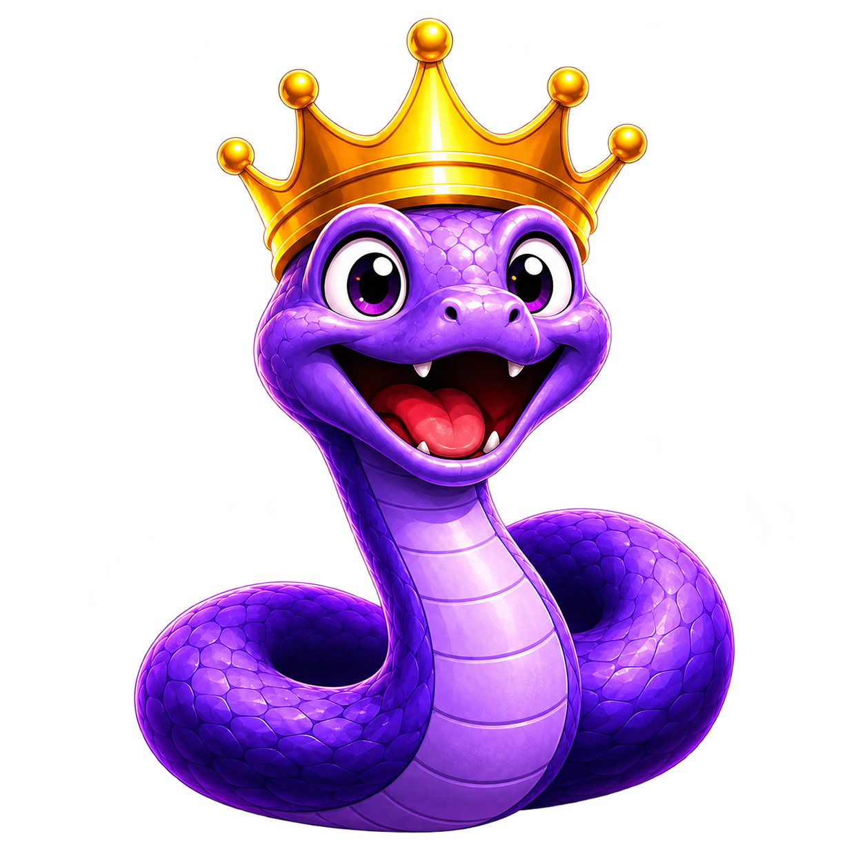 Ride the Snake mascot: a purple snake wearing a golden crown
